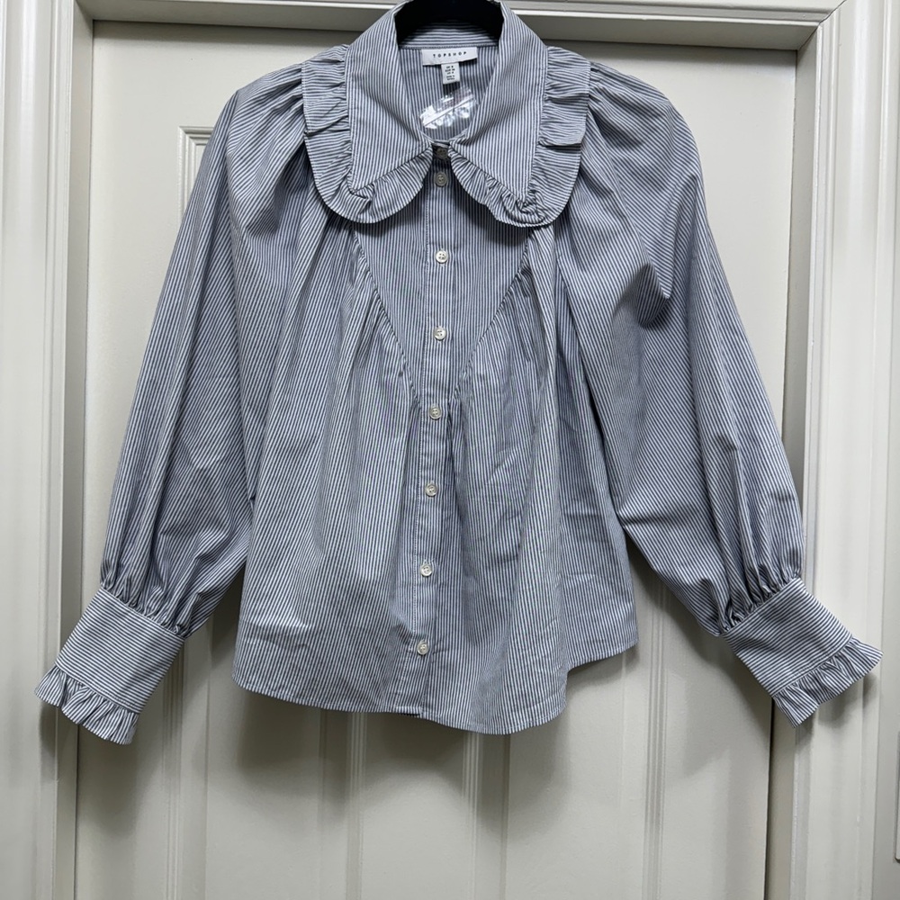 Topshop Striped Ruffle Collar Blouse